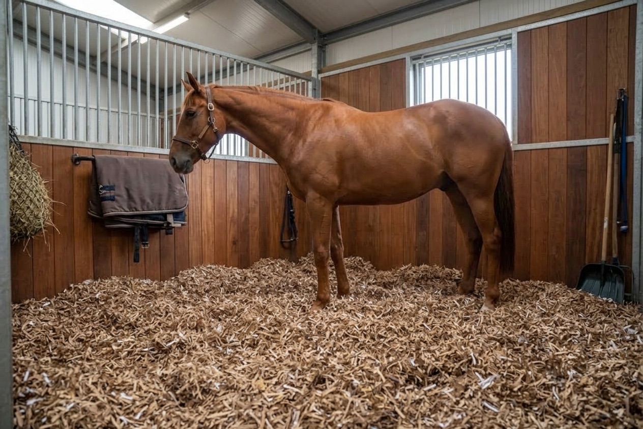 Un cheval alezan dans son box, sur une épaisse litière de copeaux de carton