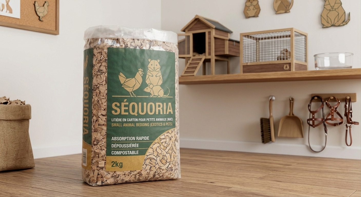 Un sac de 2 kg de litière Hippelia pour petits animaux, devant une étagère avec un clapier et une cage