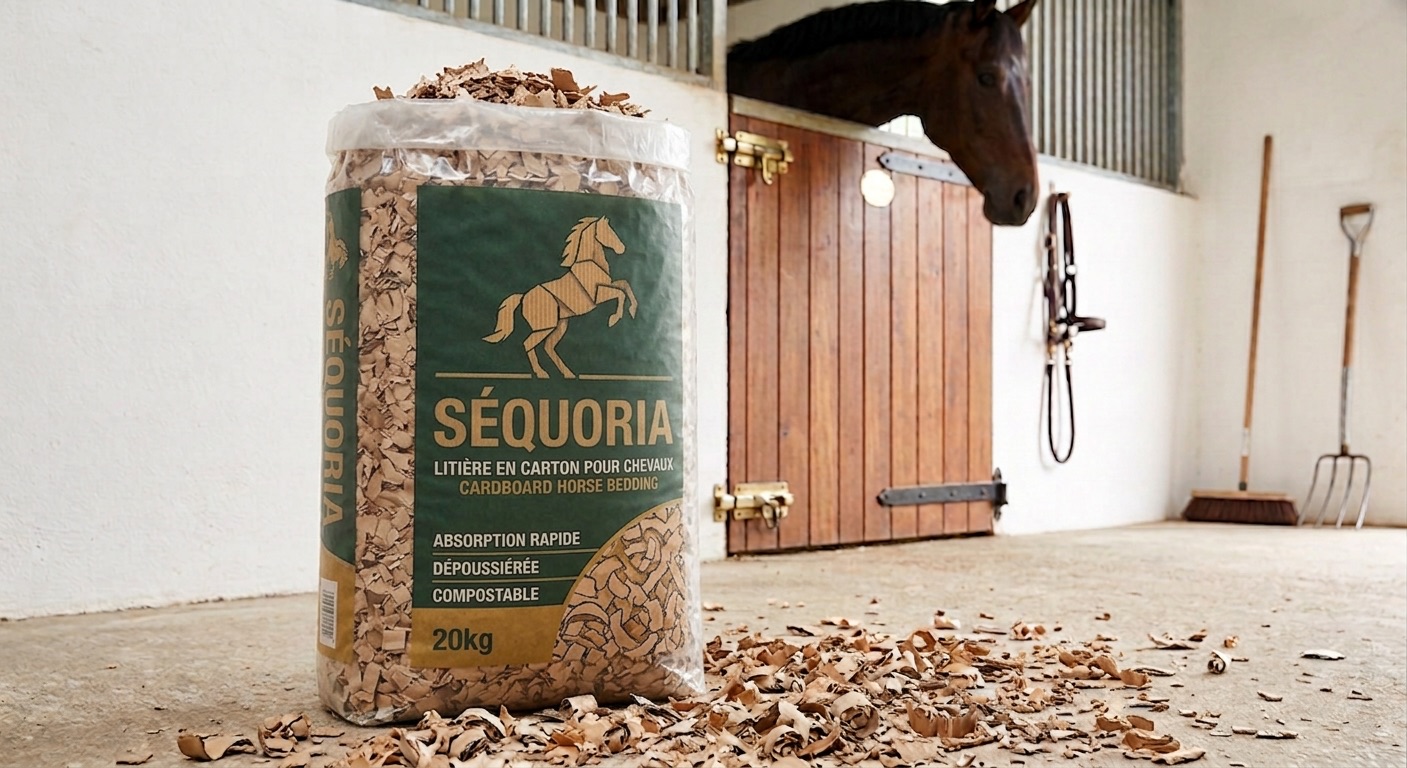 Un sac de litière Hippelia posé dans une écurie, un cheval à la porte de son box